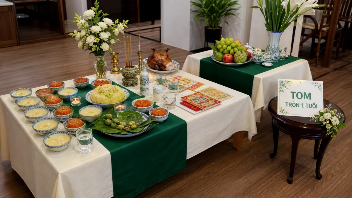 Bàn lễ phủ khăn xanh bày gà luộc, xôi vàng, các chén chè và mâm trái cây