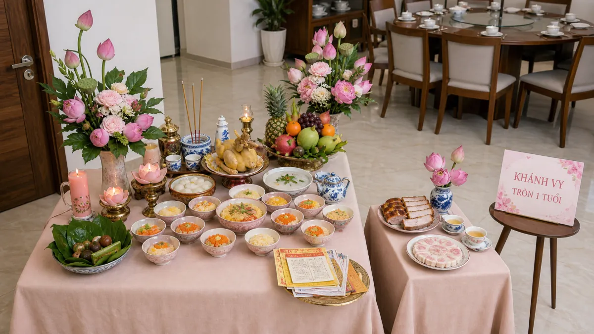 Mâm lễ tông hồng có gà luộc, các chén xôi chè, trái cây và bình hoa sen