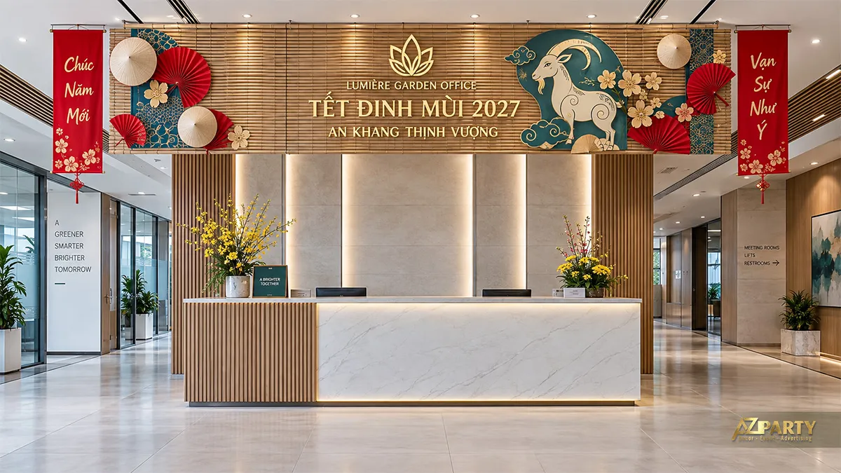 Quầy lễ tân văn phòng với phên tre ngang, quạt giấy và câu đối đỏ