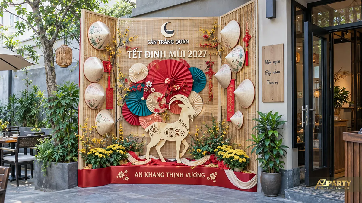 Backdrop Tết ngoài trời trước nhà hàng với phên tre, quạt giấy và hoa mai