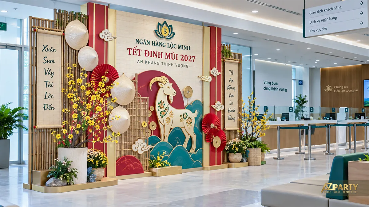 Tiểu cảnh Tết tại sảnh ngân hàng với mành tre, nón lá và mô hình dê