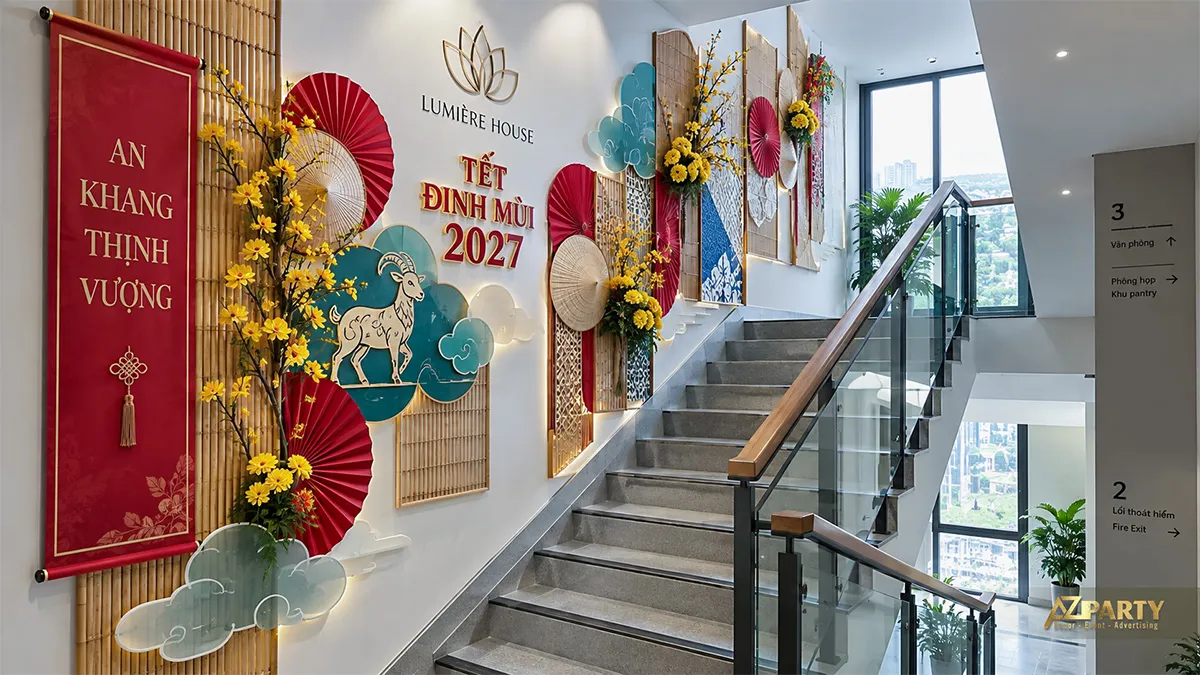 Mảng tường cầu thang văn phòng phối nan tre, quạt giấy và hoa mai