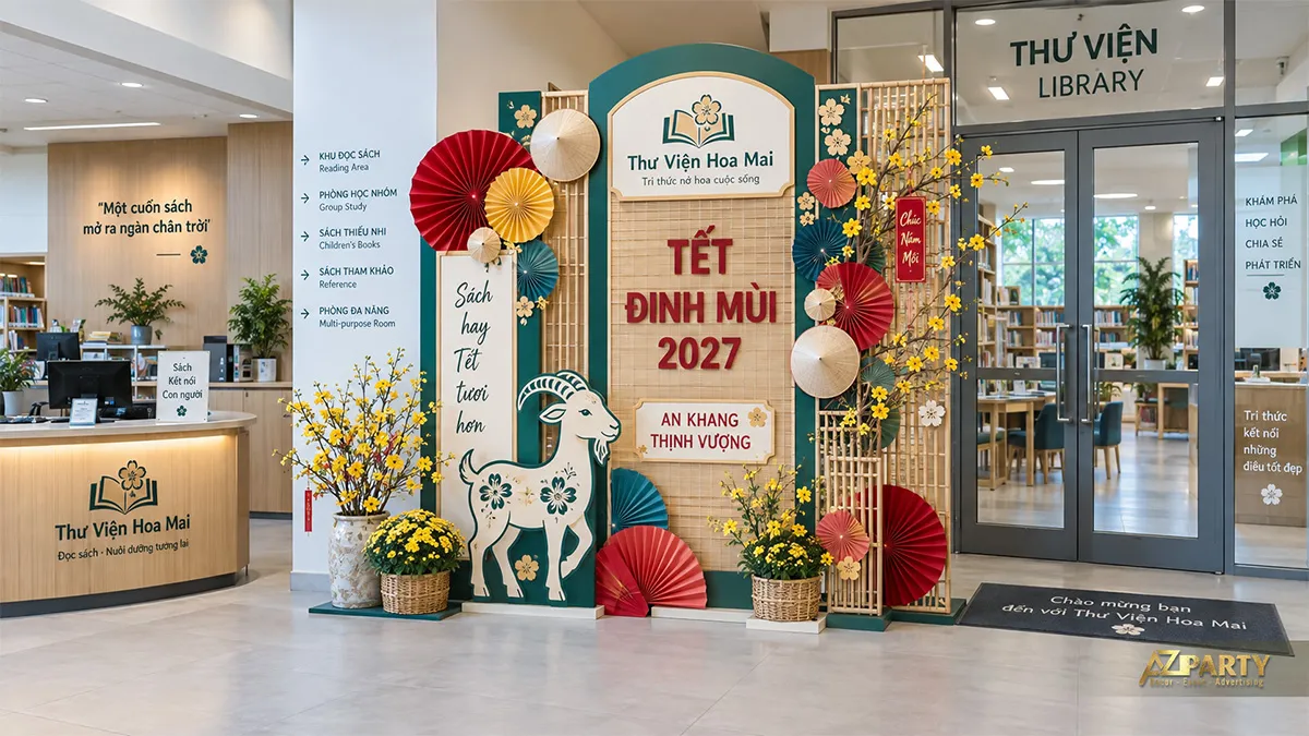 Góc Tết trước thư viện với phên tre, quạt giấy và chậu hoa mai