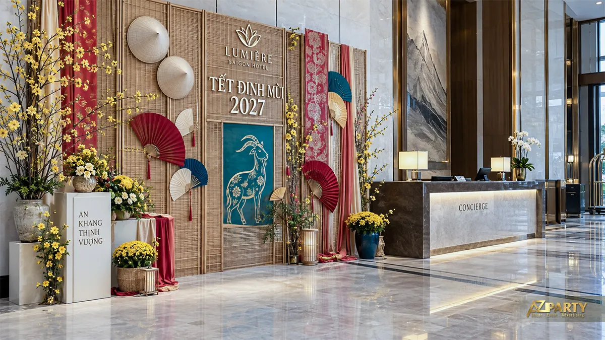 Sảnh khách sạn trang trí vách mành tre, nón lá và quạt giấy hai bên quầy concierge