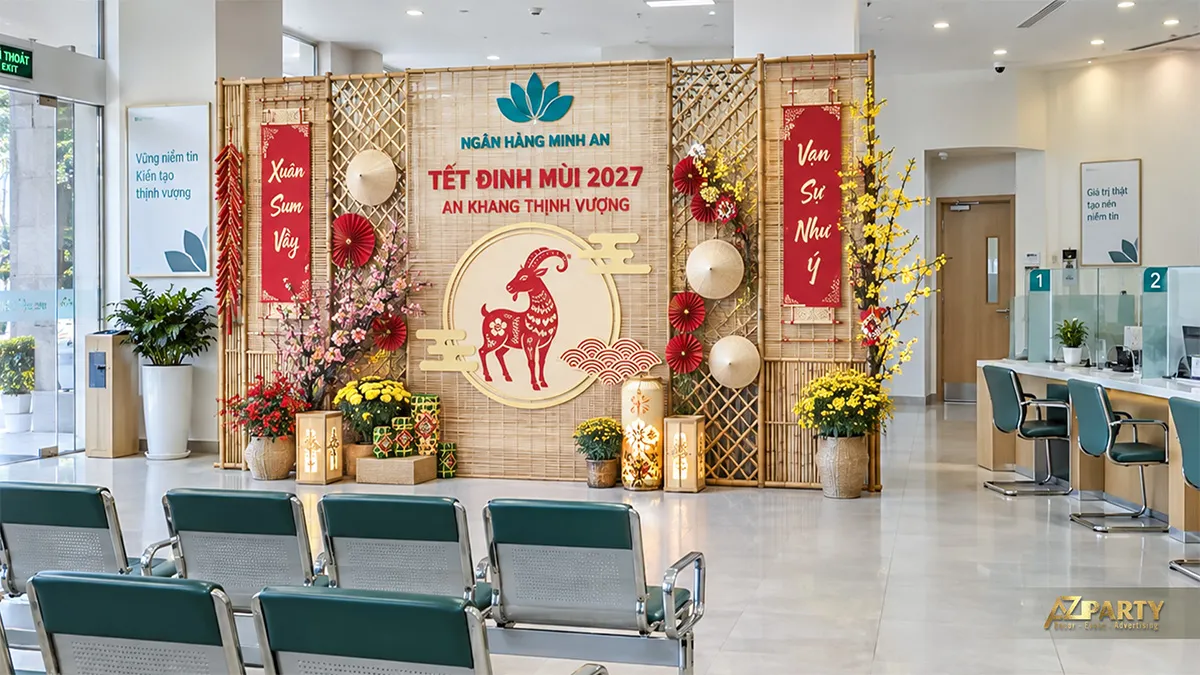 Góc chờ ngân hàng với phông mành tre, câu đối đỏ, đèn lồng và chậu cúc