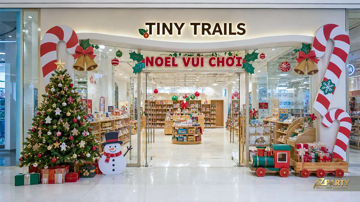 Mặt tiền cửa hàng đồ chơi với cổng kẹo Noel, cây thông và người tuyết