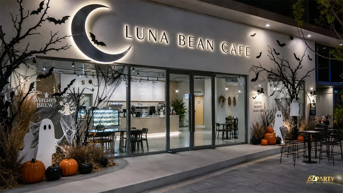 Mặt tiền Luna Bean Cafe ban đêm với ma trắng, bí ngô, mạng nhện và trăng khuyết