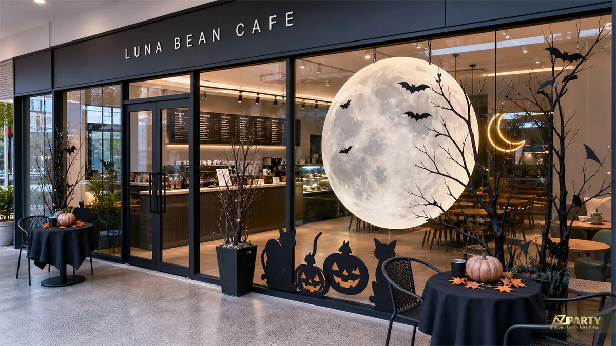 Mặt tiền Luna Bean Cafe với trăng tròn lớn, đàn dơi, mèo đen và bí ngô