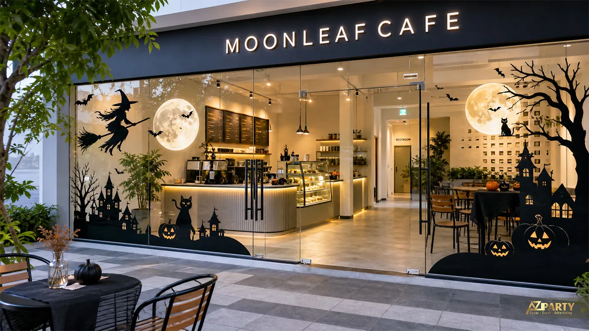 Mặt tiền Moonleaf Cafe trang trí phù thủy, trăng tròn, dơi, lâu đài và mèo đen