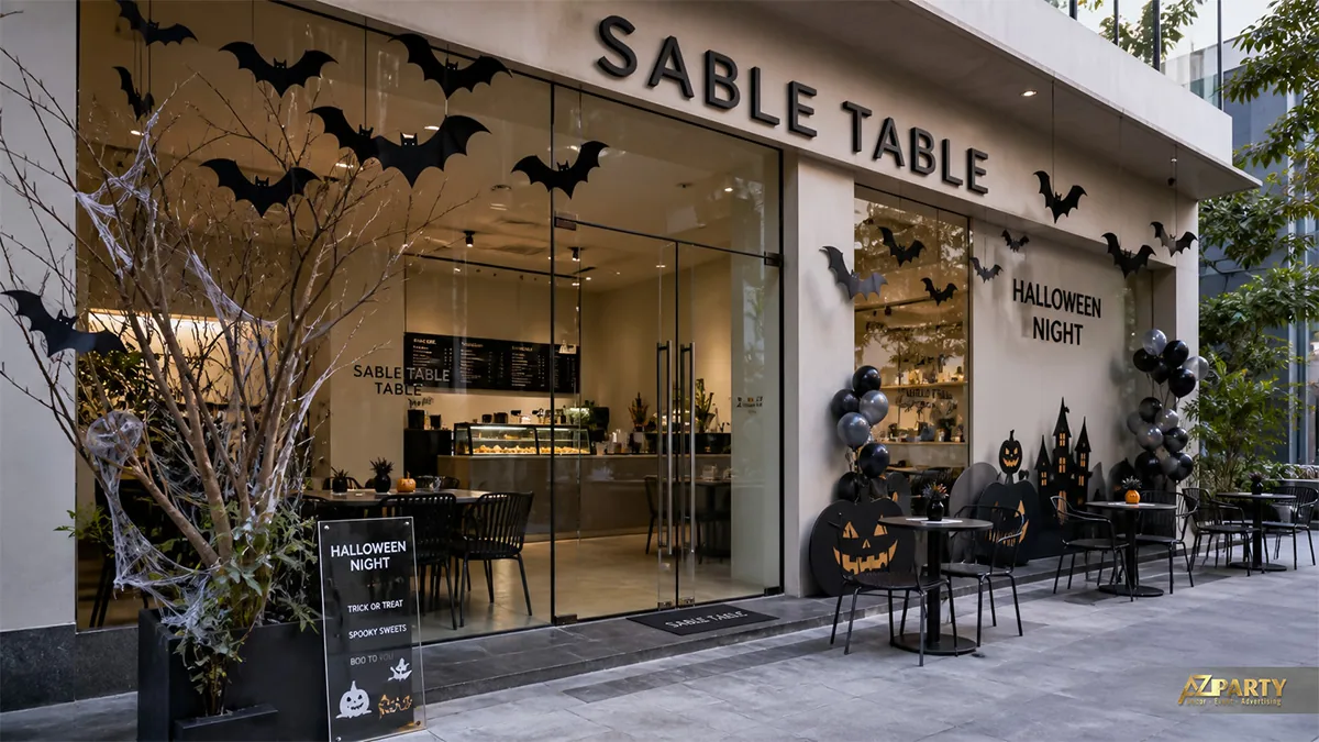 Mặt tiền Sable Table với đàn dơi, cành cây phủ mạng nhện, bí ngô và bóng đen xám