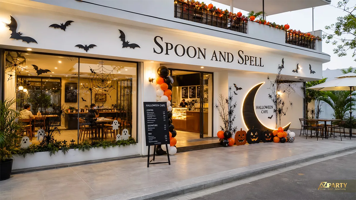 Mặt tiền Spoon and Spell trang trí trăng khuyết, bóng cam đen, dơi và mạng nhện