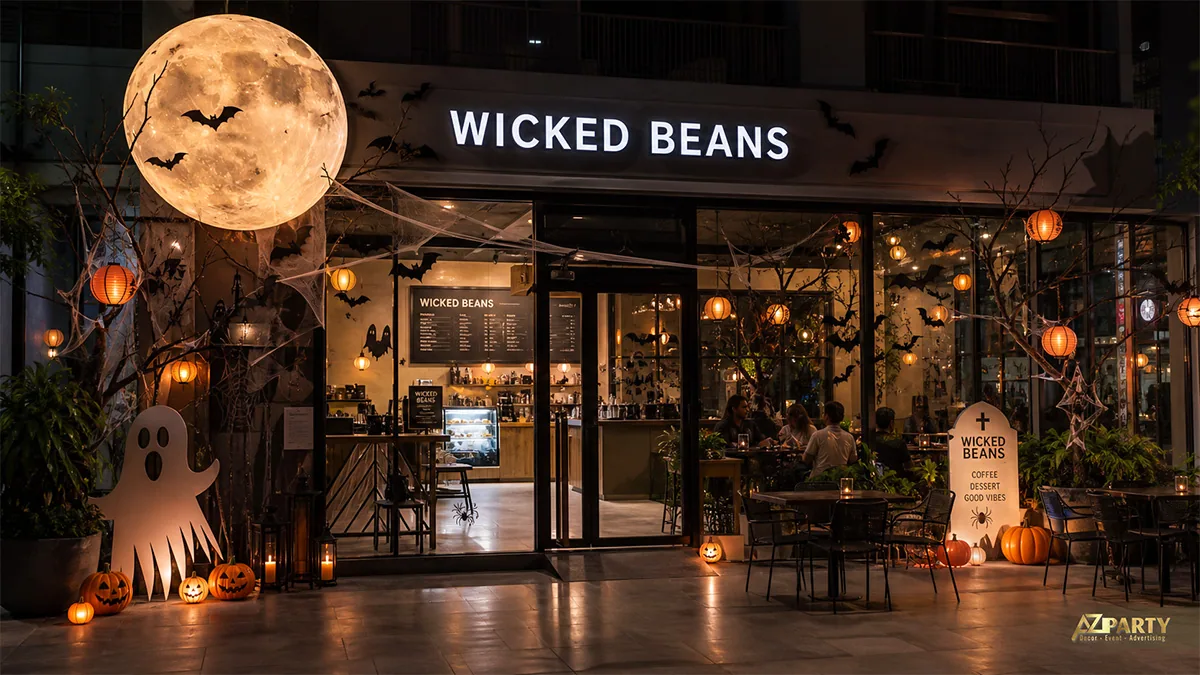 Mặt tiền Wicked Beans ban đêm với trăng tròn lớn, đèn lồng cam, ma trắng và bí ngô