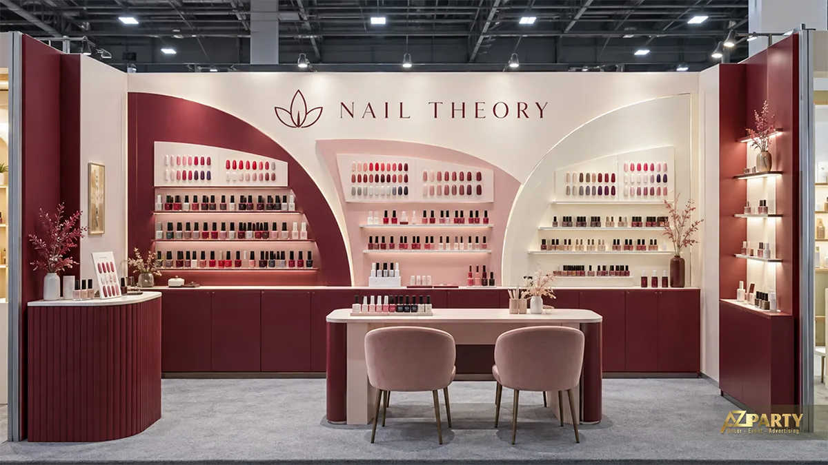 Gian nail đỏ hồng với bảng màu sơn và bàn hai ghế phía trước