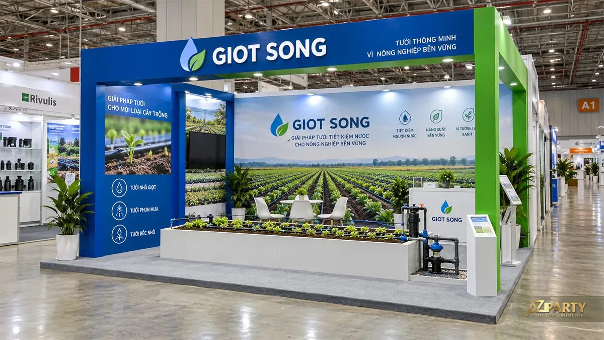 Gian thiết bị tưới xanh lam có máng cây giống và bộ ống dẫn phía trước