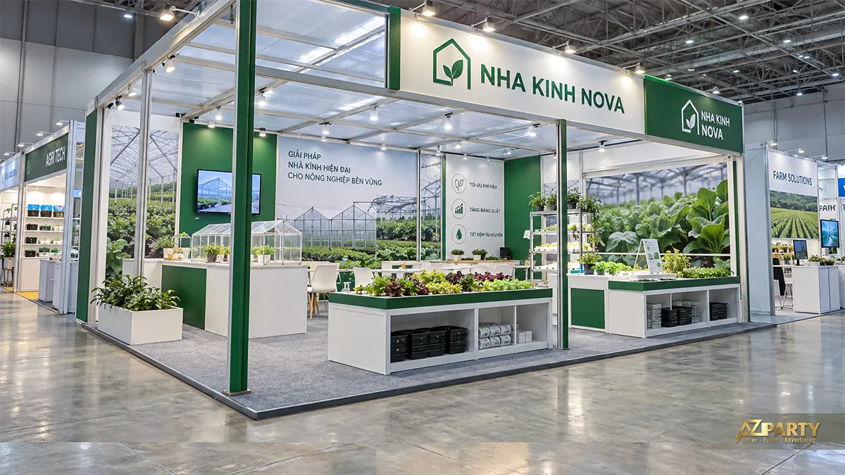 Gian nhà kính trắng xanh có mái trong và luống rau trưng bày