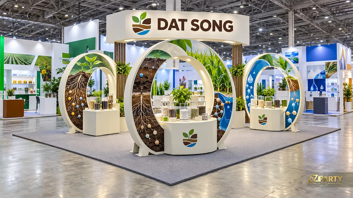 Gian dinh dưỡng đất màu kem có quầy tròn trưng bày nhiều lọ mẫu