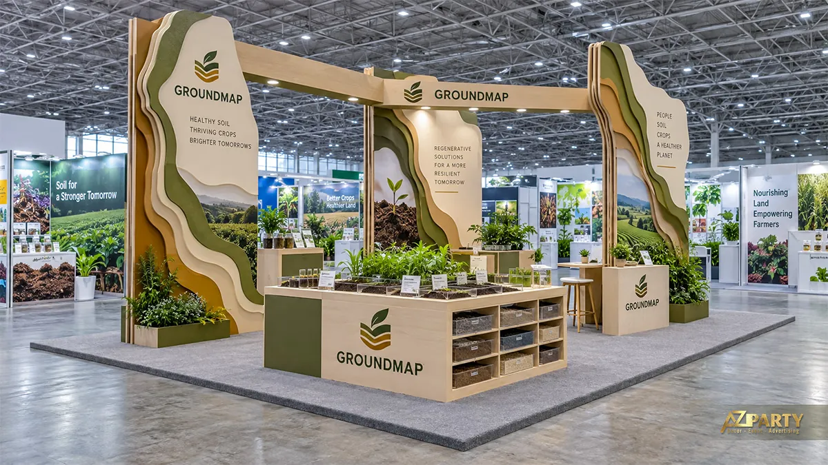 Gian cải tạo đất màu gỗ kem có vách lớp đất và quầy khay mẫu ở giữa