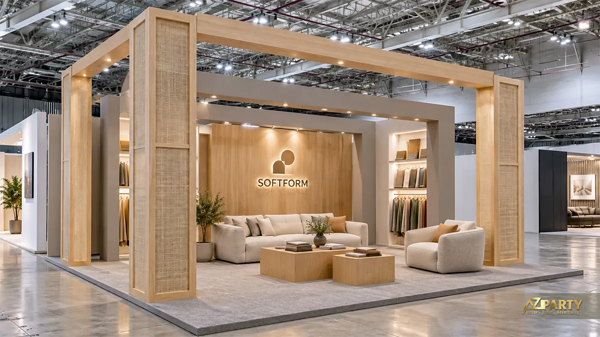 Gian sofa màu kem có khung gỗ lớn, bàn thấp và bảng mẫu vải hai bên