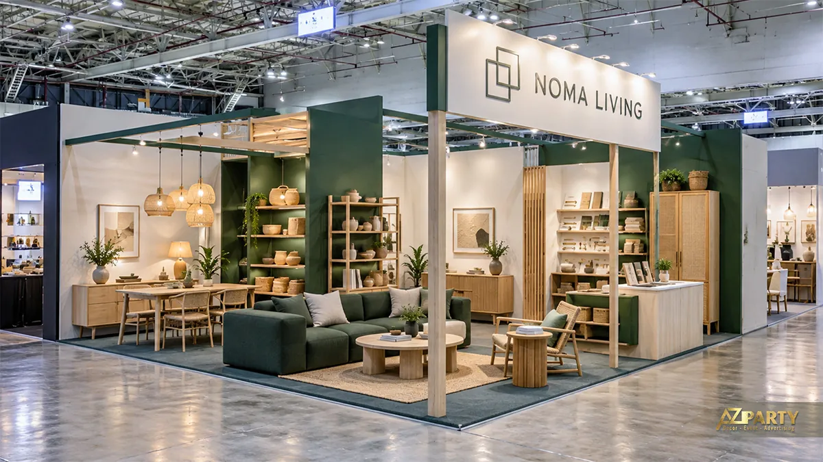 Gian nội thất xanh lá có sofa phía trước, bàn ăn bên trái và kệ giỏ mây