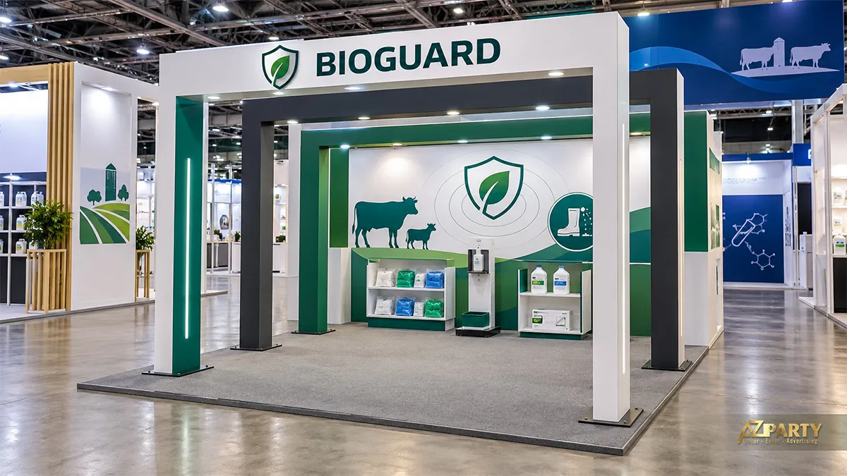 Khung BioGuard trắng xanh với kệ vật tư vệ sinh và đồ họa bò trên vách sau