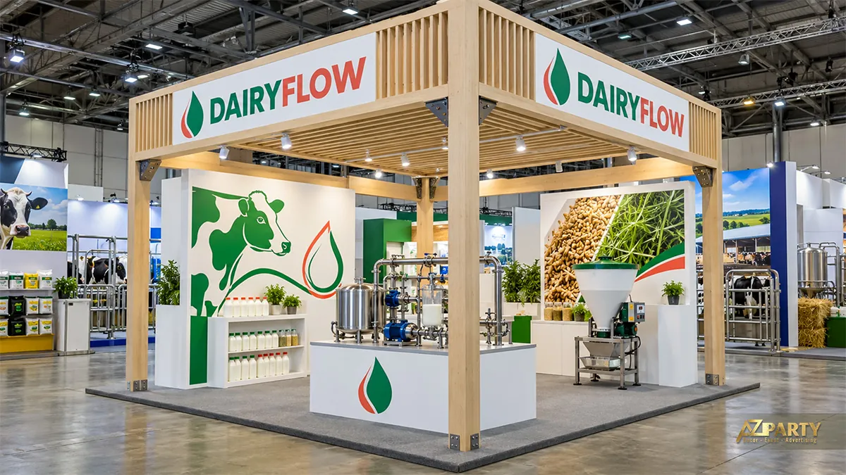 Mái lam DairyFlow tông gỗ sáng với bồn inox và thiết bị trưng bày ở giữa gian