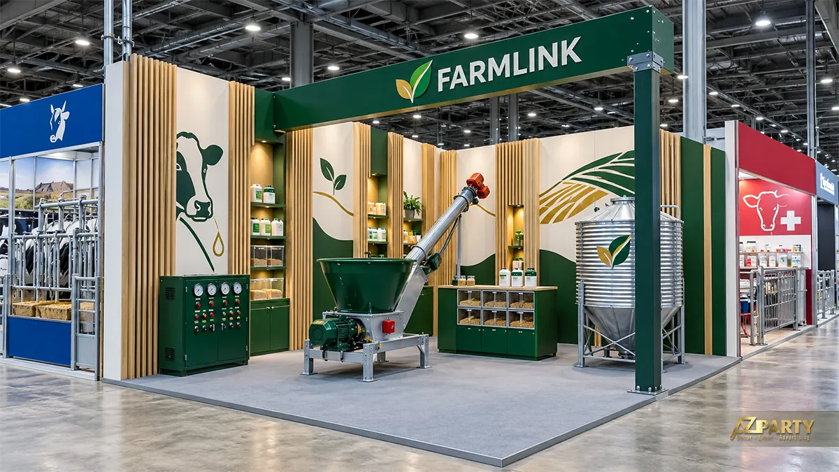 Gian FarmLink xanh lá với máy phễu, vít tải và bồn chứa kim loại