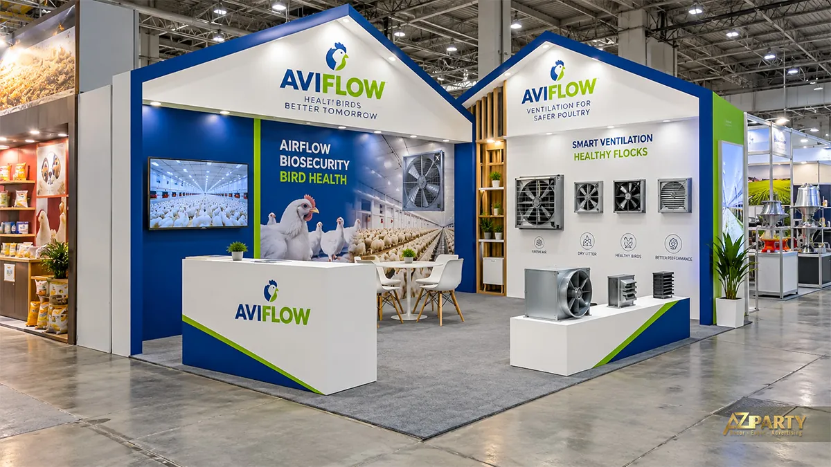 Gian AviFlow xanh trắng hình mái nhà với quạt thông gió và màn hình chuồng gà