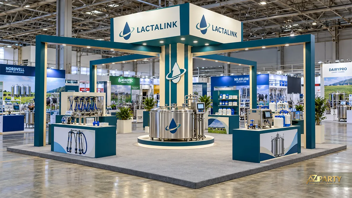 Khung LactaLink xanh cổ vịt với bồn inox trung tâm và các quầy thiết bị sữa