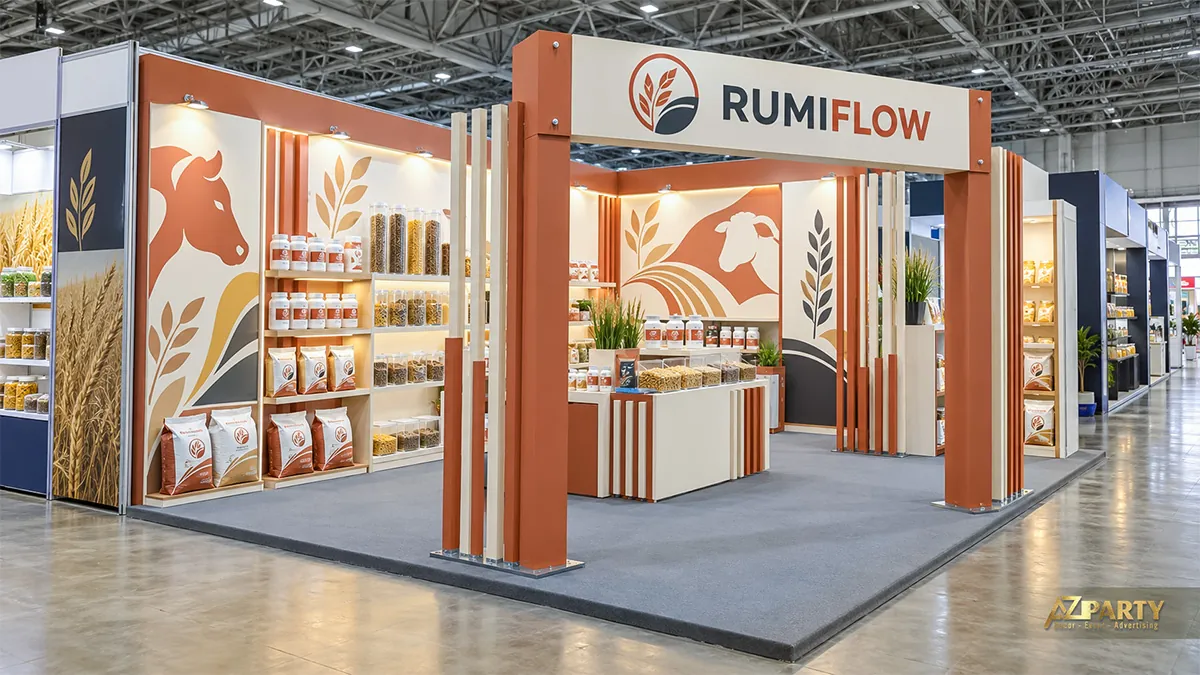Cổng RumiFlow cam đất cùng kệ bao thức ăn, lọ mẫu và quầy giữa gian