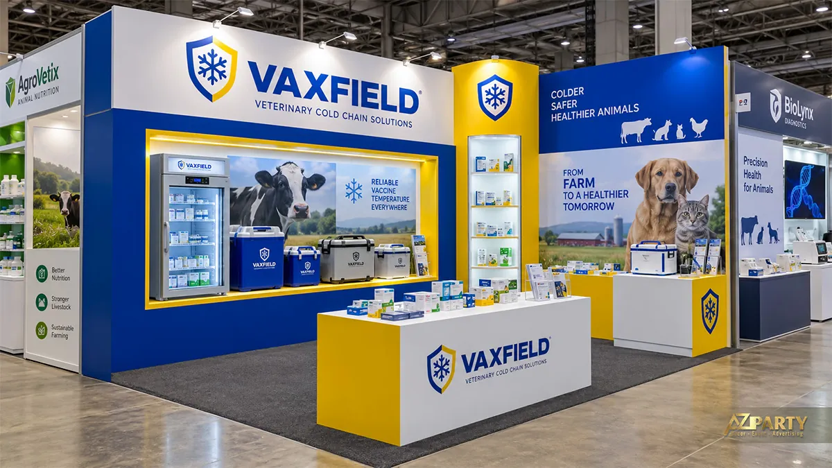 Vách VaxField xanh vàng với tủ lạnh, thùng giữ lạnh và các hộp sản phẩm thú y