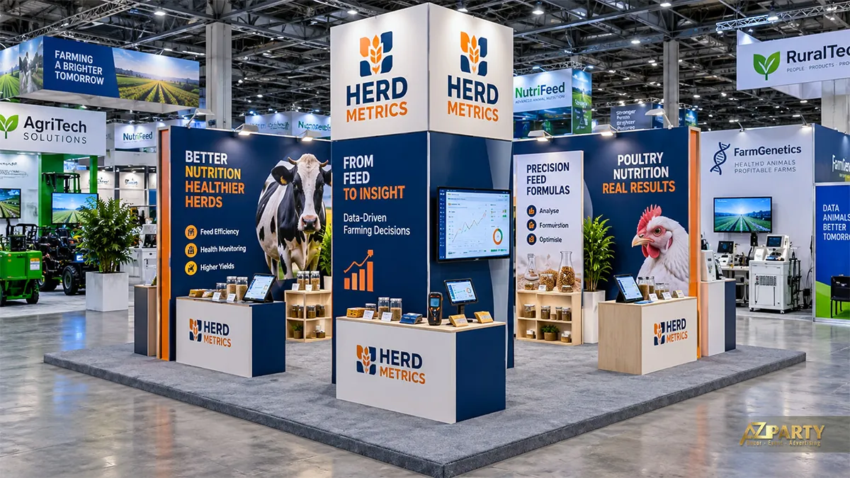 Trụ nhận diện Herd Metrics xanh cam giữa các quầy hạt mẫu và màn hình dữ liệu