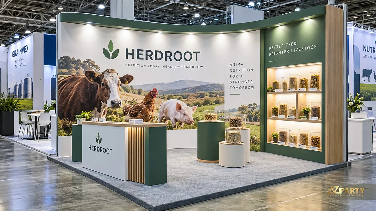Gian HerdRoot xanh kem với ảnh bò gà heo, kệ lọ hạt và hai bục tròn giữa gian