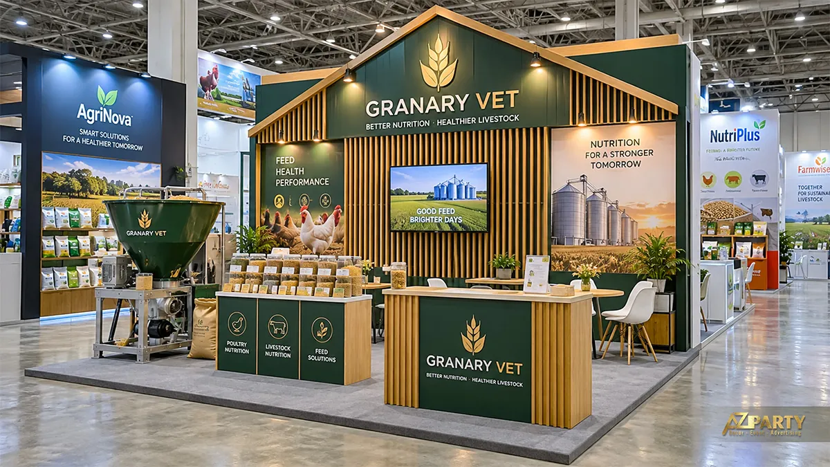 Gian Granary Vet xanh vàng có máy phễu, dãy hộp hạt mẫu và quầy tiếp đón