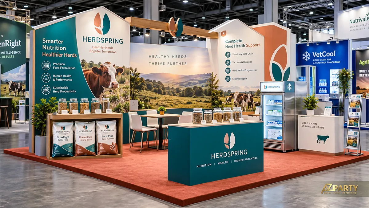 Quầy HerdSpring xanh cam cùng bao thức ăn, lọ mẫu và tủ lạnh bên phải