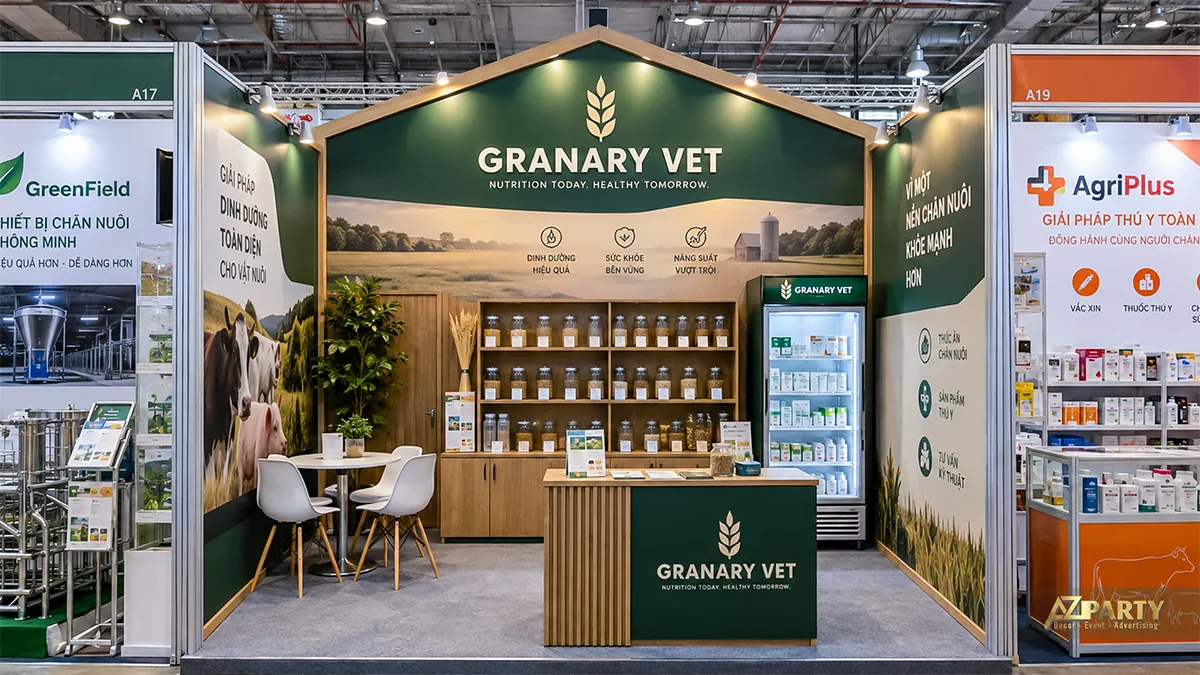 Gian Granary Vet dạng mái nhà với kệ lọ mẫu, tủ lạnh và bàn tròn nhỏ