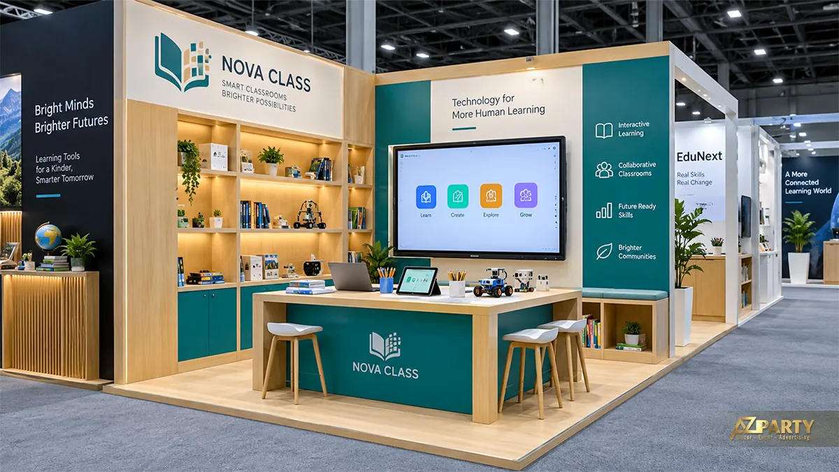Gian hàng gỗ xanh ngọc có bảng tương tác và kệ học cụ bên cạnh
