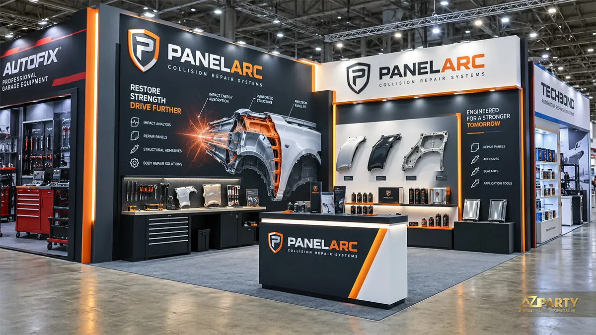 Vách PanelArc đen cam treo tấm thân vỏ ô tô bên cạnh quầy sản phẩm sửa chữa