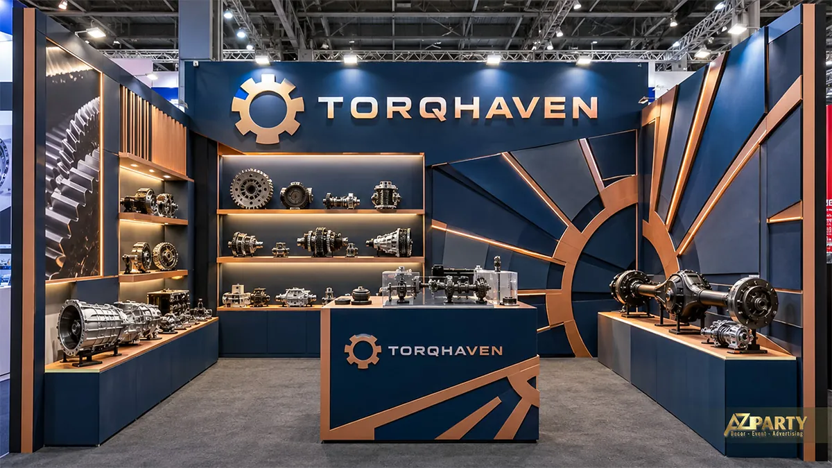 Gian TorqHaven xanh đồng trưng bày bánh răng, hộp số và cụm truyền động trên kệ