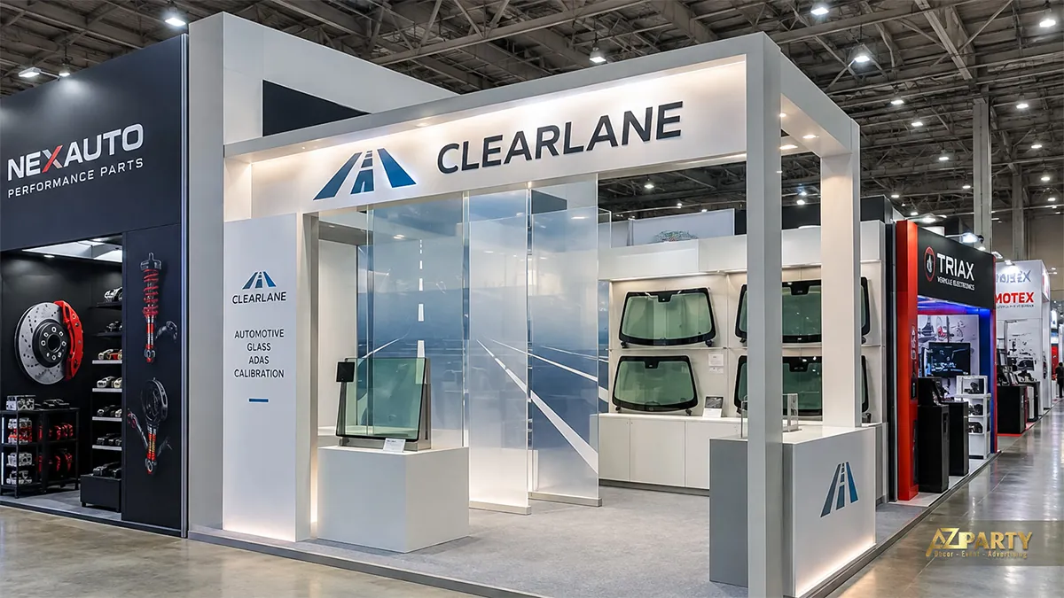 Khung ClearLane trắng với kính chắn gió đặt trên bục và giá treo phía sau