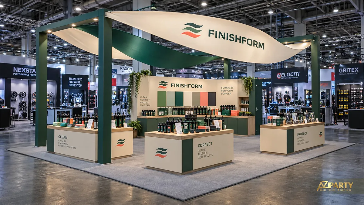 Mái dải FinishForm trắng xanh phía trên các quầy chai lọ chăm sóc xe