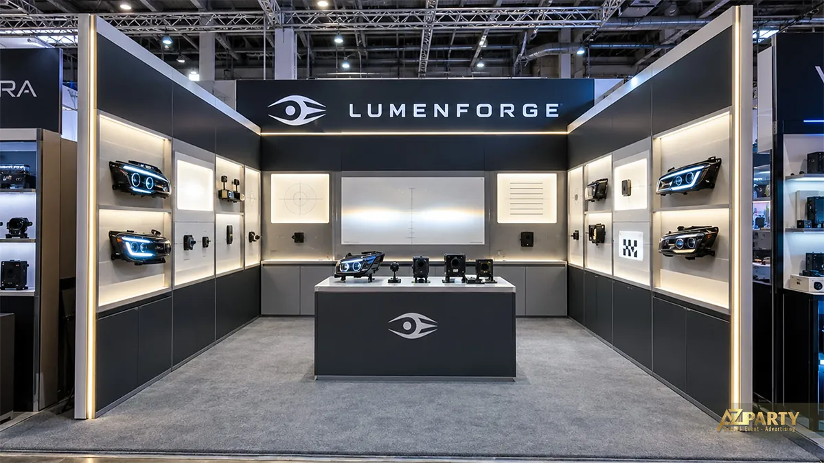 Vách LumenForge xám trưng bày cụm đèn ô tô hai bên và quầy mẫu ở giữa