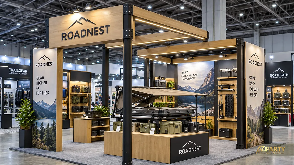 Khung RoadNest gỗ và đen với lều nóc, thùng đồ và phụ kiện dã ngoại ô tô