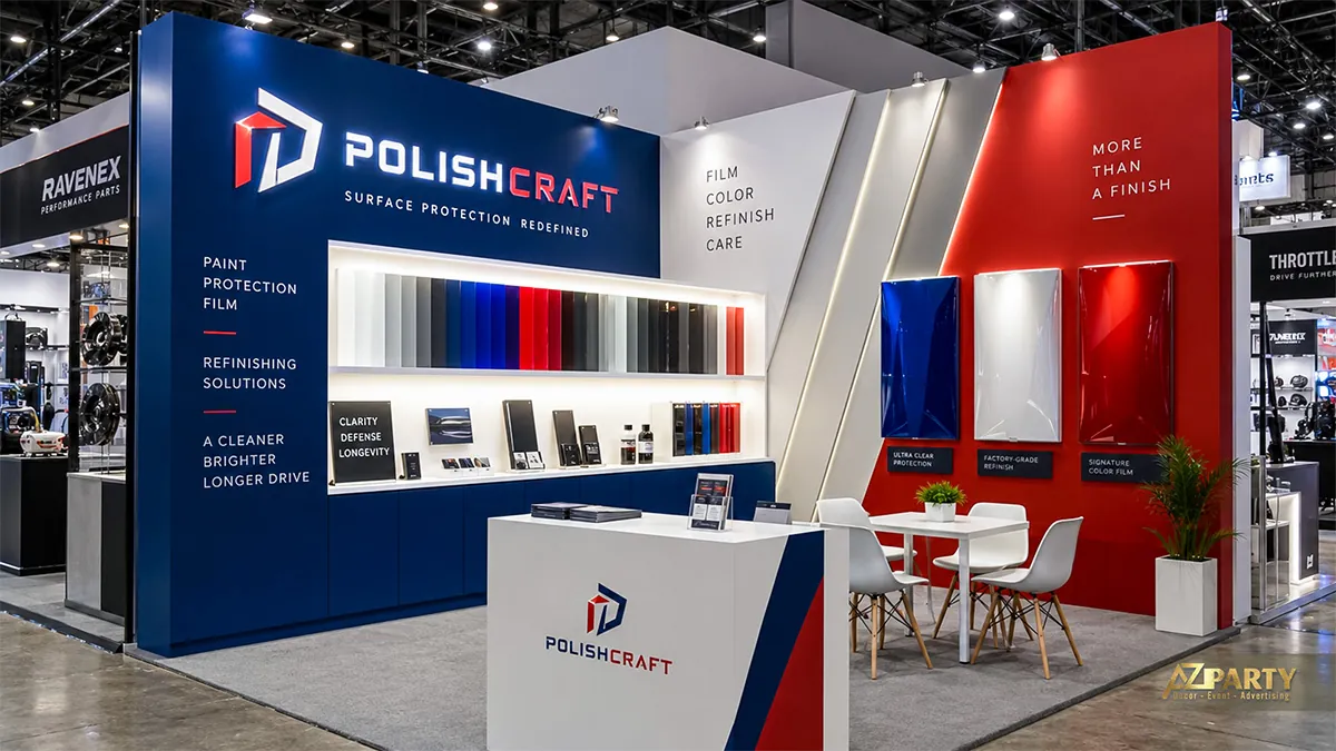 Vách PolishCraft xanh đỏ trưng bày bảng màu và mẫu bề mặt sơn bảo vệ xe