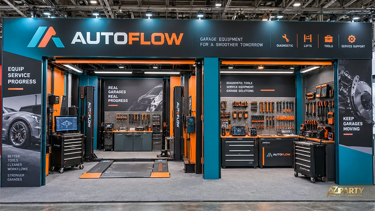Gian AutoFlow xanh cam có cầu nâng, bảng dụng cụ và tủ đồ nghề garage
