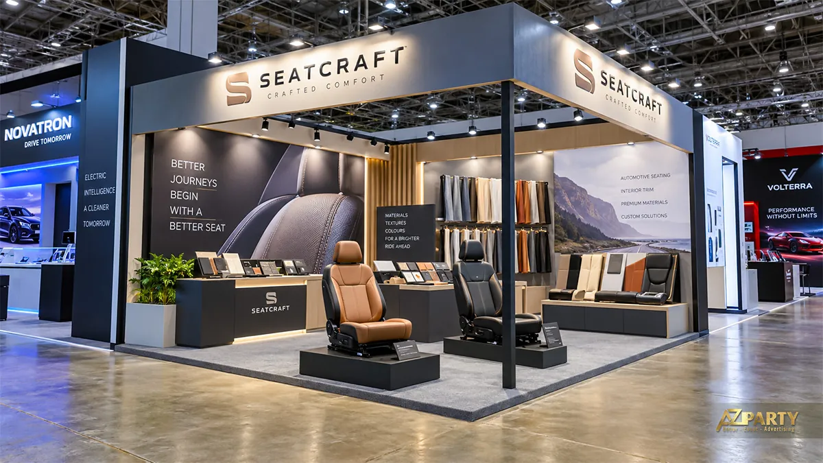 Gian SeatCraft xám gỗ với ghế ô tô trên bục và dãy mẫu vật liệu bọc phía sau