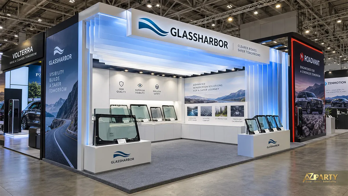 Gian GlassHarbor trắng xanh với dải mái nhiều lớp và kính ô tô trên các bục