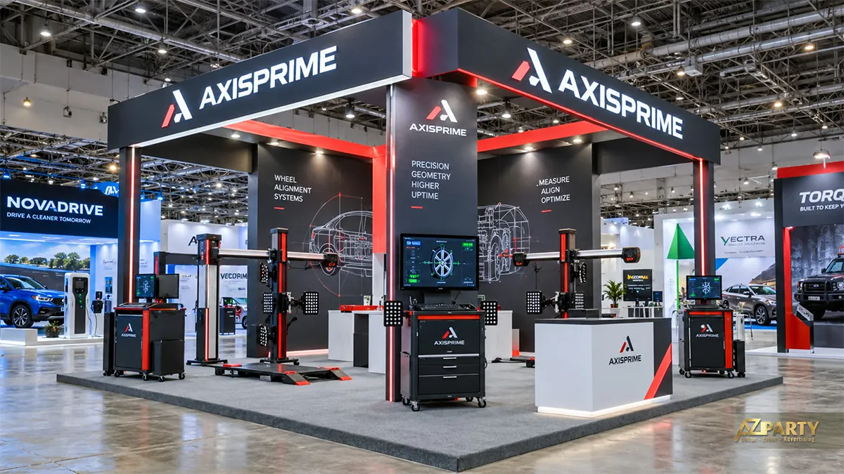 Khung AxisPrime đen đỏ với thiết bị cân chỉnh góc đặt bánh xe và màn hình
