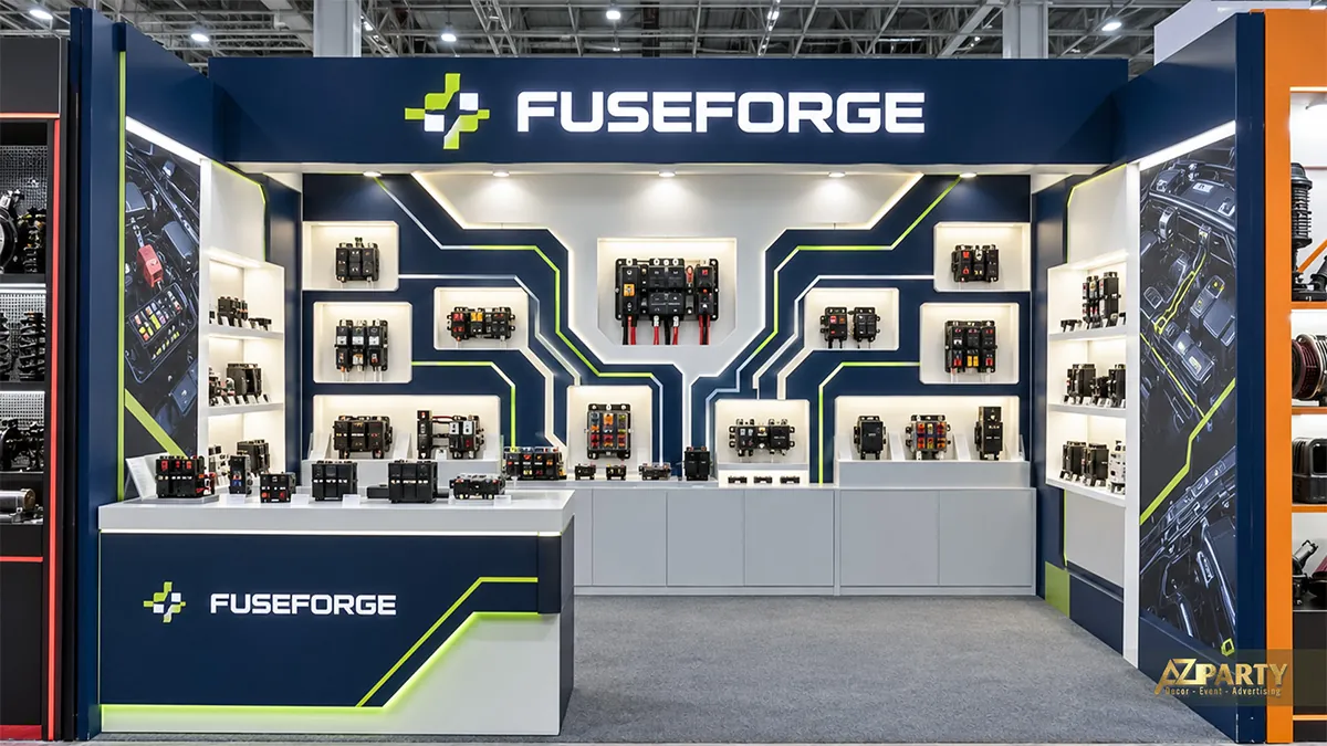 Vách FuseForge xanh đen bố trí hộp cầu chì theo các đường đồ họa mạch điện