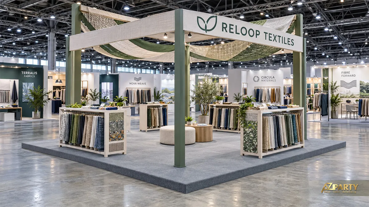 Gian vải tái chế khung xanh nhạt với các mẫu vải trên kệ thấp