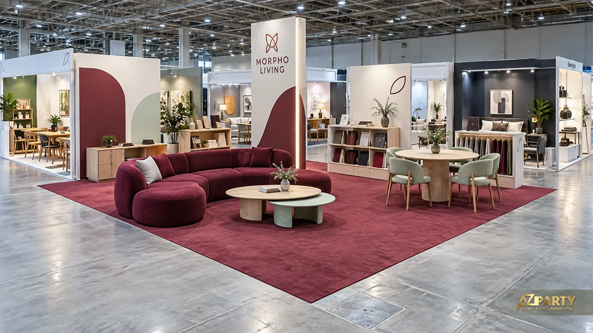 Sofa đỏ rượu và bàn ăn gỗ trong gian nội thất mở trên thảm đỏ